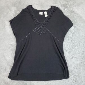 Emma James Silk Blend Blouse Womens Sz XL Black VNeck Beaded Shortsleeve Pullove